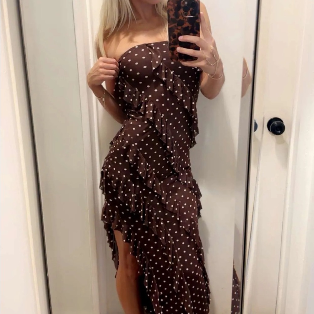 ISO SELFIE LESLIE Brown Polka Dot Strapless Dress